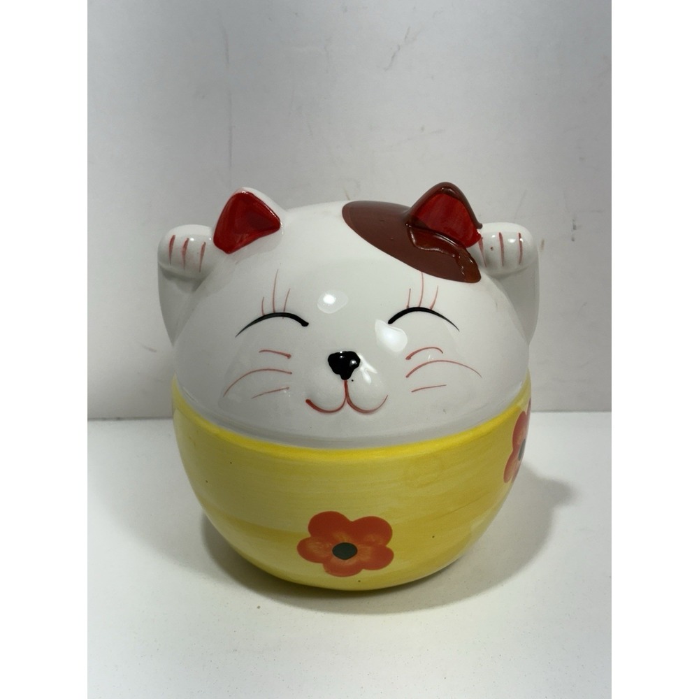 Lucky Cat‎ Fat Kitty Coin Bank 6" Ceramic Yellow White Chinese Piggy bank Round